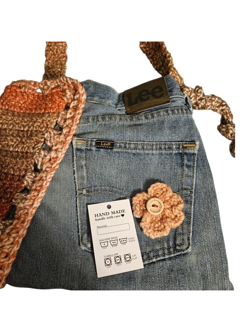 Handmade Upcycled Denim Crochet Crossbody Bag Eco Friendly Fall Purse - Picture 17 of 17